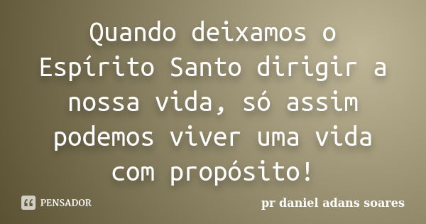 Quando deixamos o Espírito Santo dirigir a nossa vida, só assim podemos viver uma vida com propósito!... Frase de pr.daniel adans soares.