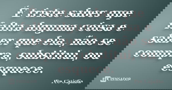 É triste saber que falta alguma coisa e saber que ela, não se compra, substitui, ou esquece.... Frase de Pre Cajaiba.