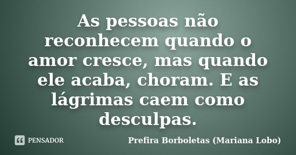 As pessoas não reconhecem quando o amor cresce, mas quando ele acaba, choram. E as lágrimas caem como desculpas.... Frase de Prefira Borboletas (Mariana Lobo).