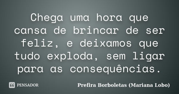 Chega uma hora que cansa de brincar de ser feliz, e deixamos que tudo exploda, sem ligar para as consequências.... Frase de Prefira Borboletas (Mariana Lobo).