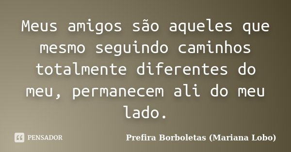 Meus amigos são aqueles que mesmo seguindo caminhos totalmente diferentes do meu, permanecem ali do meu lado.... Frase de Prefira Borboletas (Mariana Lobo).