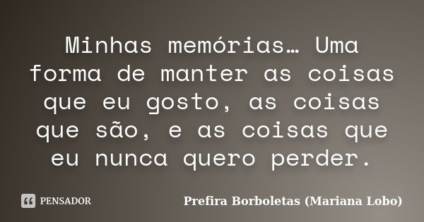 Minhas memórias… Uma forma de manter as coisas que eu gosto, as coisas que são, e as coisas que eu nunca quero perder.... Frase de Prefira Borboletas (Mariana Lobo).