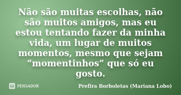 Não são muitas escolhas, não são muitos amigos, mas eu estou tentando fazer da minha vida, um lugar de muitos momentos, mesmo que sejam “momentinhos” que só eu ... Frase de Prefira Borboletas (Mariana Lobo).