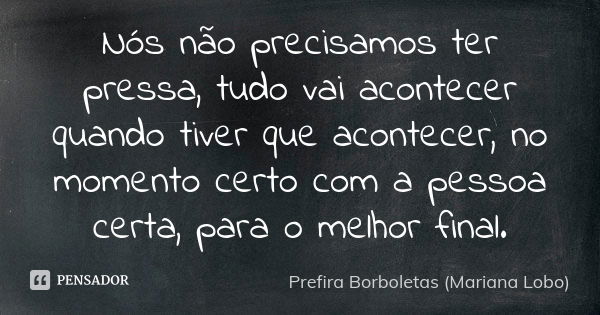 Nós não precisamos ter pressa, tudo vai acontecer quando tiver que acontecer, no momento certo com a pessoa certa, para o melhor final.... Frase de Prefira Borboletas (Mariana Lobo).