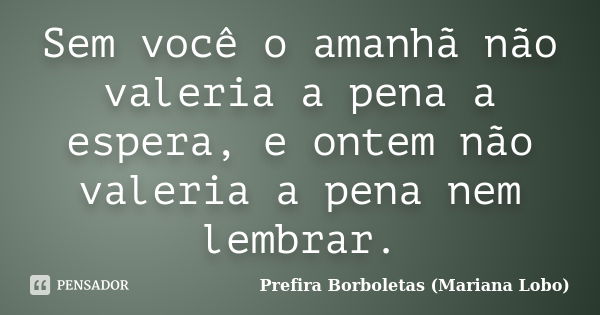 Sem você o amanhã não valeria a pena a espera, e ontem não valeria a pena nem lembrar.... Frase de Prefira Borboletas (Mariana Lobo).