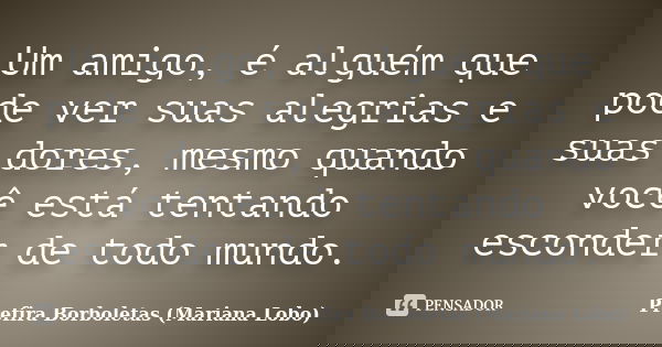 Um amigo, é alguém que pode ver suas alegrias e suas dores, mesmo quando você está tentando esconder de todo mundo.... Frase de Prefira Borboletas (Mariana Lobo).