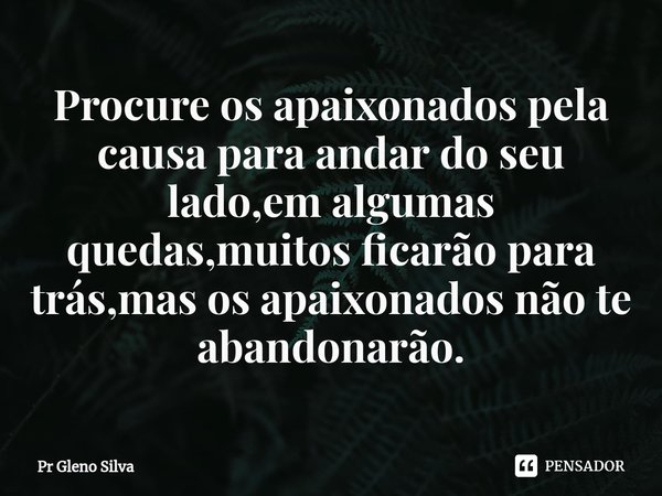 ⁠Procure os apaixonados pela causa para andar do seu lado,em algumas quedas,muitos ficarão para trás,mas os apaixonados não te abandonarão.... Frase de Pr Gleno Silva.