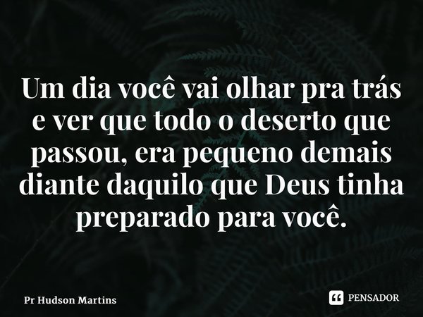 ⁠⁠Um dia você vai olhar pra trás e ver que todo o deserto que passou, era pequeno demais diante daquilo que Deus tinha preparado para você.... Frase de Pr Hudson Martins.