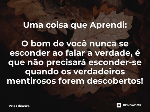 ⁠Uma coisa que Aprendi: O bom de você nunca se esconder ao falar a verdade, é que não precisará esconder-se quando os verdadeiros mentirosos forem descobertos!... Frase de Pris Oliveira.