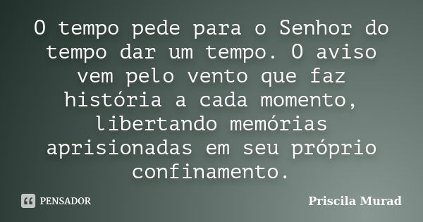 O tempo pede para o Senhor do tempo dar um tempo. O aviso vem pelo vento que faz história a cada momento, libertando memórias aprisionadas em seu próprio confin... Frase de Priscila Murad.