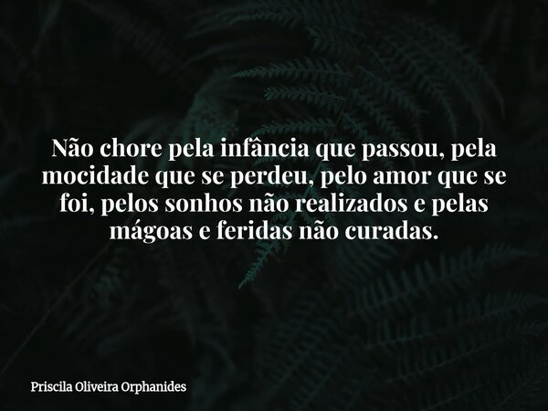 Não chore pela infância que passou, pela mocidade que se perdeu, pelo amor que se foi, pelos sonhos não realizados e pelas mágoas e feridas não curadas.... Frase de Priscila Oliveira Orphanides.