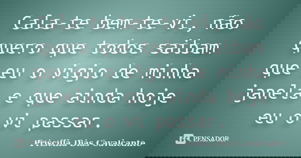Cala-te bem-te-vi, não quero que todos saibam que eu o vigio de minha janela e que ainda hoje eu o vi passar.... Frase de Priscilla Dias Cavalcante.