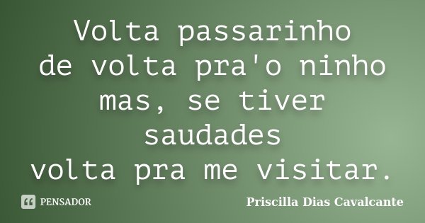 Volta passarinho de volta pra'o ninho mas, se tiver saudades volta pra me visitar.... Frase de Priscilla Dias Cavalcante.
