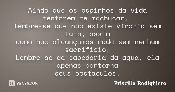 Ainda que os espinhos da vida tentarem te machucar, lembre-se que nao existe viroria sem luta, assim como nao alcançamos nada sem nenhum sacrificio. Lembre-se d... Frase de Priscilla Rodighiero.