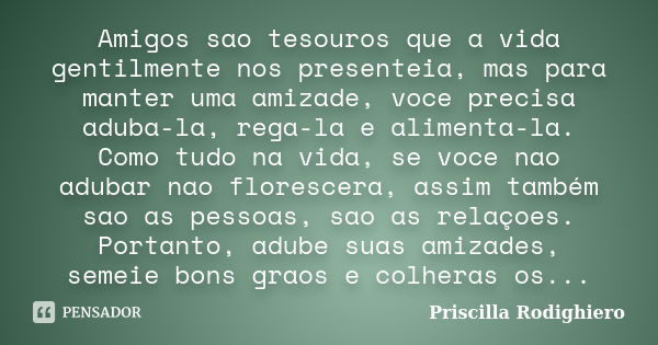 Amigos sao tesouros que a vida gentilmente nos presenteia, mas para manter uma amizade, voce precisa aduba-la, rega-la e alimenta-la. Como tudo na vida, se voce... Frase de Priscilla Rodighiero.