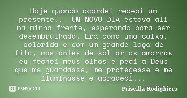 Hoje quando acordei recebi um presente... UM NOVO DIA estava ali na minha frente, esperando para ser desembrulhado. Era como uma caixa, colorida e com um grande... Frase de Priscilla Rodighiero.