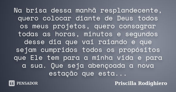 Na brisa dessa manhã resplandecente, quero colocar diante de Deus todos os meus projetos, quero consagrar todas as horas, minutos e segundos desse dia que vai r... Frase de Priscilla Rodighiero.