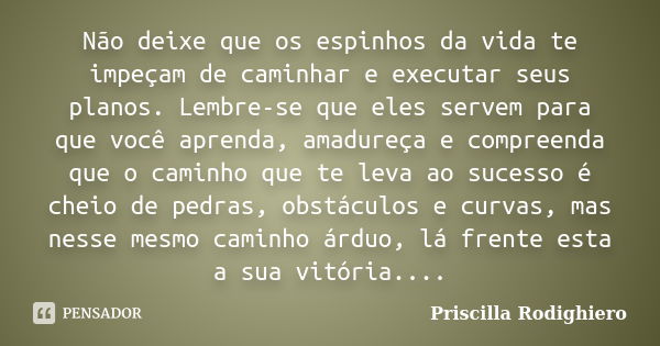 Não deixe que os espinhos da vida te impeçam de caminhar e executar seus planos. Lembre-se que eles servem para que você aprenda, amadureça e compreenda que o c... Frase de Priscilla Rodighiero.