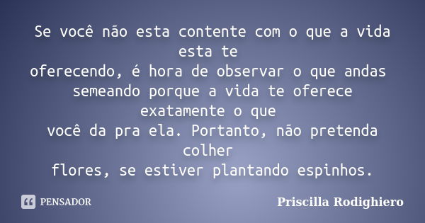 Se você não esta contente com o que a vida esta te oferecendo, é hora de observar o que andas semeando porque a vida te oferece exatamente o que você da pra ela... Frase de Priscilla Rodighiero.