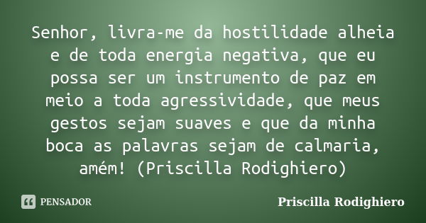 Senhor, livra-me da hostilidade alheia e de toda energia negativa, que eu possa ser um instrumento de paz em meio a toda agressividade, que meus gestos sejam su... Frase de Priscilla Rodighiero.