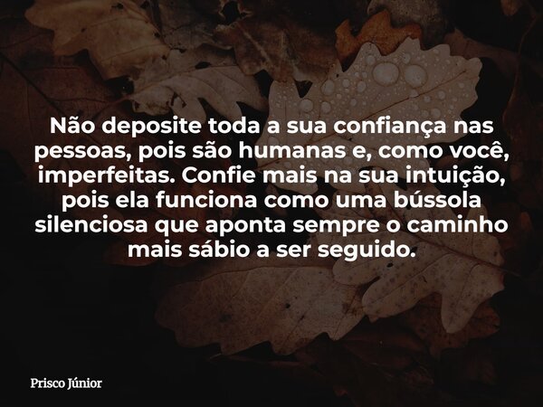 Não deposite toda a sua confiança nas pessoas, pois são humanas e, como você, imperfeitas. Confie mais na sua intuição, pois ela funciona como uma bússola silen... Frase de Prisco Júnior.