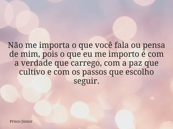 Não me importa o que você fala ou pensa de mim, pois o que eu me importo é com a verdade que carrego, com a paz que cultivo e com os passos que escolho seguir.... Frase de Prisco Júnior.