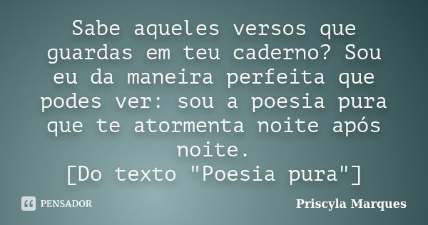 Sabe aqueles versos que guardas em teu caderno? Sou eu da maneira perfeita que podes ver: sou a poesia pura que te atormenta noite após noite. [Do texto "P... Frase de Priscyla Marques.