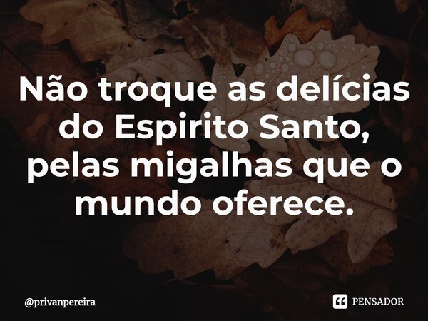 ⁠Não troque as delícias do Espirito Santo, pelas migalhas que o mundo oferece.... Frase de privanpereira.