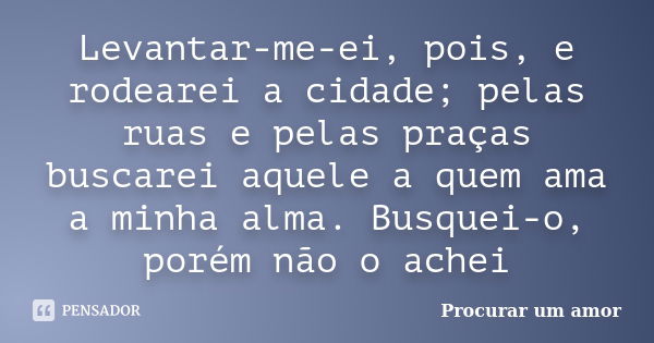 Levantar-me-ei, pois, e rodearei a cidade; pelas ruas e pelas praças buscarei aquele a quem ama a minha alma. Busquei-o, porém não o achei... Frase de Procurar um amor.