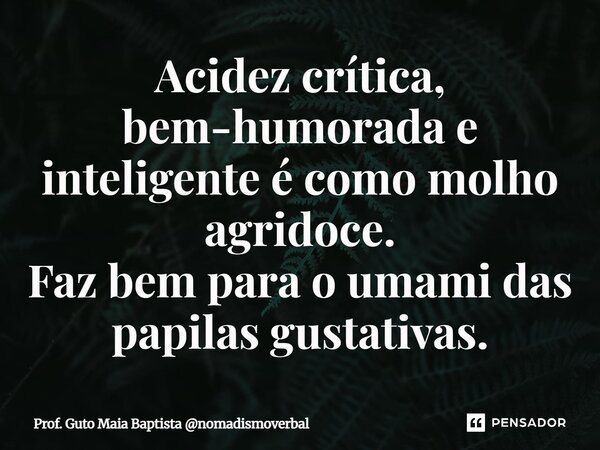 ⁠Acidez crítica, bem-humorada e inteligente é como molho agridoce. Faz bem para o umami das papilas gustativas.... Frase de Prof. Guto Maia Baptista nomadismoverbal.