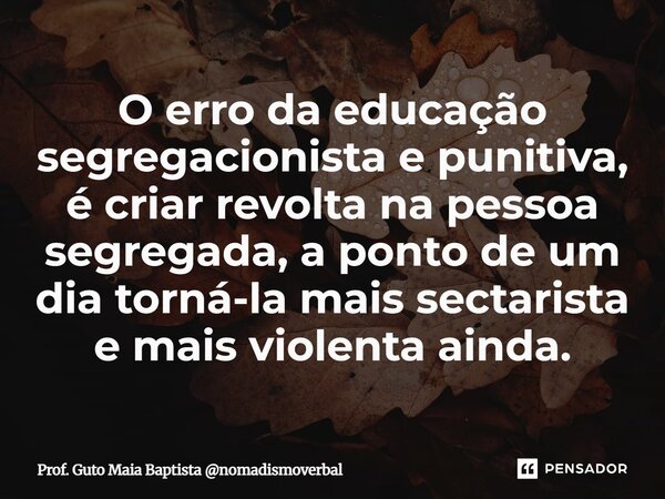 O erro da educação segregacionista e punitiva, é criar revolta na pessoa segregada, a ponto de um dia torná-la mais sectarista e mais violenta ainda.... Frase de Prof. Guto Maia Baptista nomadismoverbal.