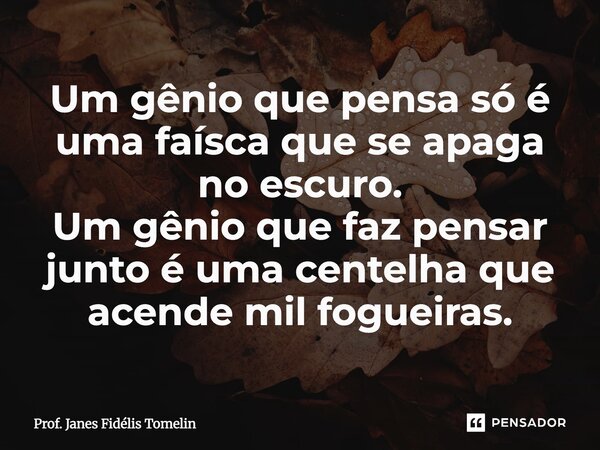 ⁠Um gênio que pensa só é uma faísca que se apaga no escuro. Um gênio que faz pensar junto é uma centelha que acende mil fogueiras.... Frase de Prof. Janes Fidélis Tomelin.
