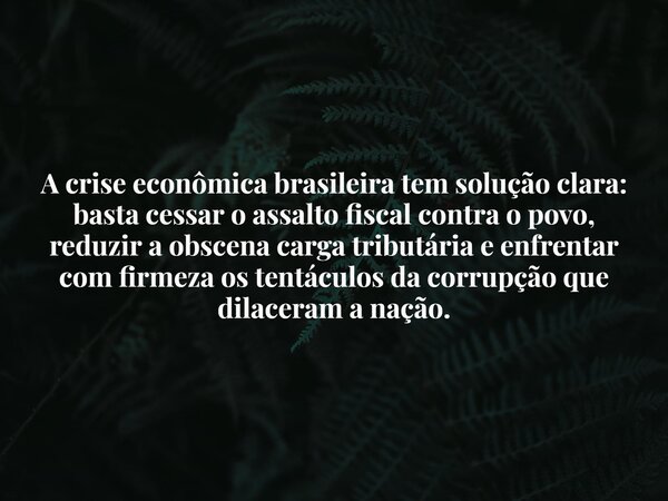 A crise econômica brasileira tem solução clara: basta cessar o assalto fiscal contra o povo, reduzir a obscena carga tributária e enfrentar com firmeza os tentá... Frase de Prof. Jeferson Botellho.