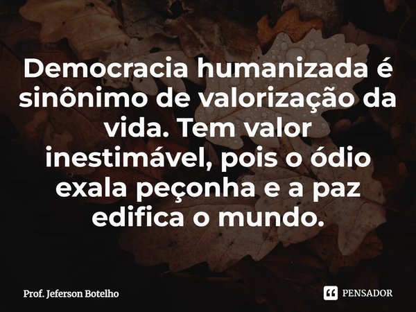 ⁠Democracia humanizada é sinônimo de valorização da vida. Tem valor inestimável, pois o ódio exala peçonha e a paz edifica o mundo.... Frase de Prof. Jeferson Botelho.