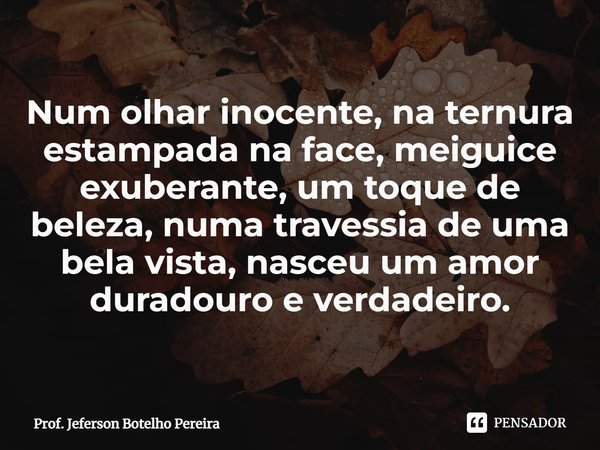 ⁠Num olhar inocente, na ternura estampada na face, meiguice exuberante, um toque de beleza, numa travessia de uma bela vista, nasceu um amor duradouro e verdade... Frase de Prof. Jeferson Botelho Pereira.