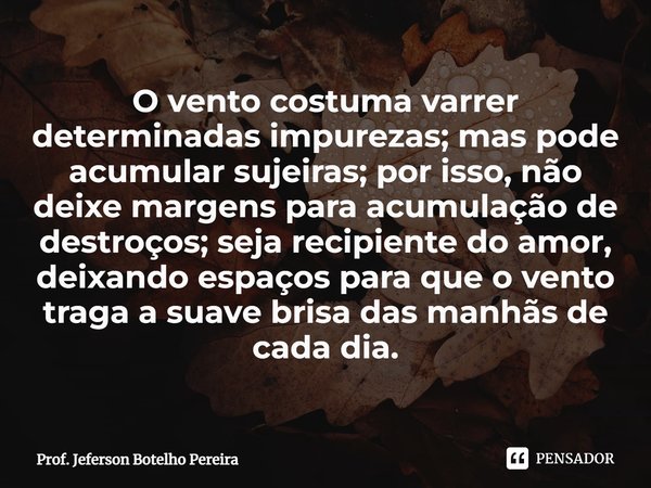 ⁠O vento costuma varrer determinadas impurezas; mas pode acumular sujeiras; por isso, não deixe margens para acumulação de destroços; seja recipiente do amor, d... Frase de Prof. Jeferson Botelho Pereira.