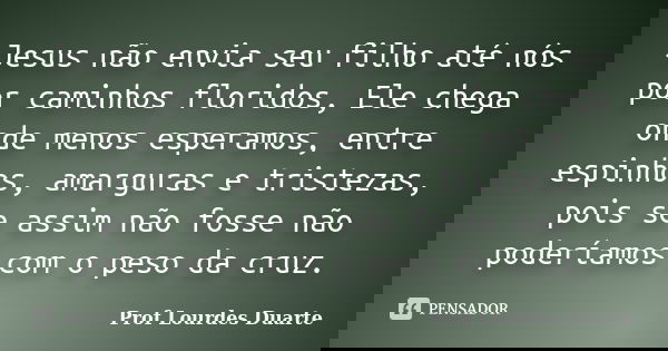 Jesus não envia seu filho até nós por caminhos floridos, Ele chega onde menos esperamos, entre espinhos, amarguras e tristezas, pois se assim não fosse não pode... Frase de Prof Lourdes Duarte.