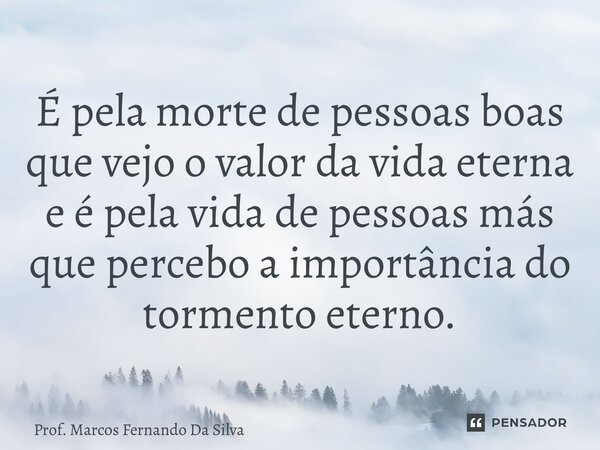 ⁠É pela morte de pessoas boas que vejo o valor da vida eterna e é pela vida de pessoas más que percebo a importância do tormento eterno.... Frase de Prof. Marcos Fernando da Silva.