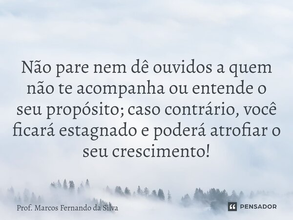 Não pare nem dê ouvidos a quem não te acompanha ou entende o seu propósito; caso contrário, você ficará estagnado e poderá atrofiar o seu crescimento!... Frase de Prof. Marcos Fernando da Silva.
