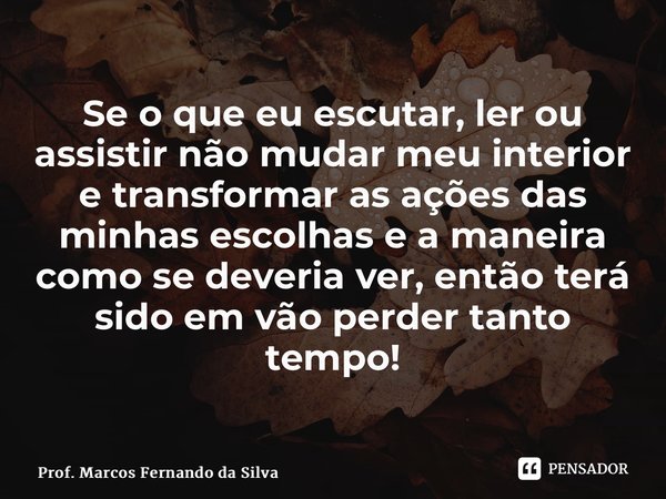 Se o que eu escutar, ler ou assistir não mudar meu interior e transformar as ações das minhas escolhas e a maneira como se deveria ver, então terá sido em vão p... Frase de Prof. Marcos Fernando da Silva.
