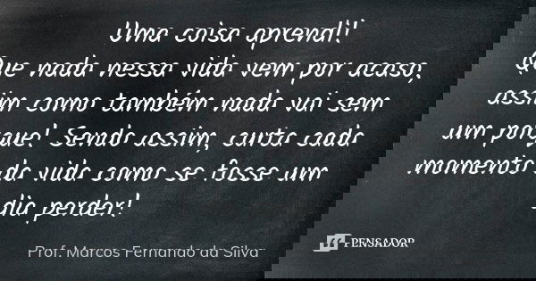 Uma coisa aprendi! Que nada nessa vida vem por acaso, assim como também nada vai sem um porque! Sendo assim, curta cada momento da vida como se fosse um dia per... Frase de Prof. Marcos Fernando da Silva.
