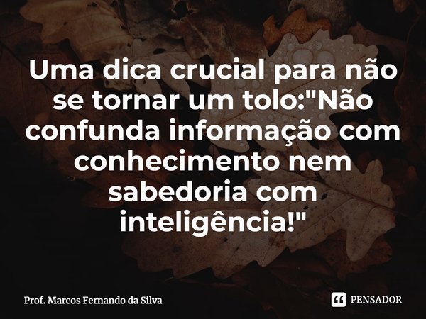 ⁠Uma dica crucial para não se tornar um tolo: "Não confunda informação com conhecimento nem sabedoria com inteligência!"... Frase de Prof. Marcos Fernando da Silva.