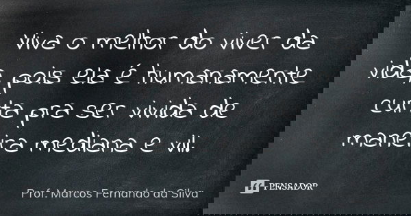 Viva o melhor do viver da vida, pois ela é humanamente curta pra ser vivida de maneira mediana e vil.... Frase de Prof. Marcos Fernando da Silva.