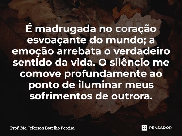⁠É madrugada no coração esvoaçante do mundo; a emoção arrebata o verdadeiro sentido da vida. O silêncio me comove profundamente ao ponto de iluminar meus sofrim... Frase de Prof. Me. Jeferson Botelho Pereira.