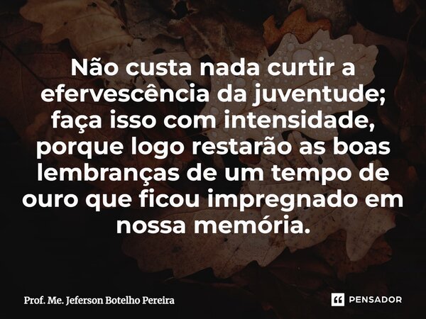 ⁠Não custa nada curtir a efervescência da juventude; faça isso com intensidade, porque logo restarão as boas lembranças de um tempo de ouro que ficou impregnado... Frase de Prof. Me. Jeferson Botelho Pereira.