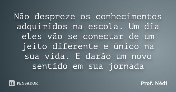 Não despreze os conhecimentos adquiridos na escola. Um dia eles vão se conectar de um jeito diferente e único na sua vida. E darão um novo sentido em sua jornad... Frase de Prof. Nédi.