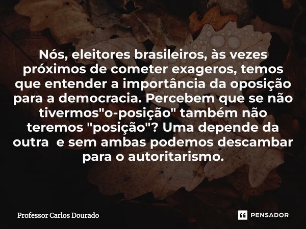 ⁠Nós, eleitores brasileiros, às vezes próximos de cometer exageros, temos que entender a importância da oposição para a democracia. Percebem que se não tivermos... Frase de Professor Carlos Dourado.