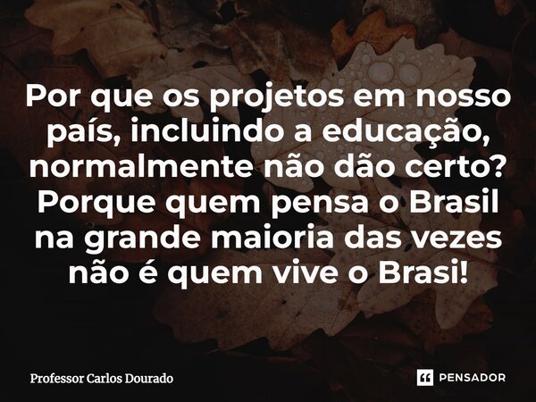 ⁠Por que os projetos em nosso país, incluindo a educação, normalmente não dão certo? Porque quem pensa o Brasil na grande maioria das vezes não é quem vive o Br... Frase de Professor Carlos Dourado.