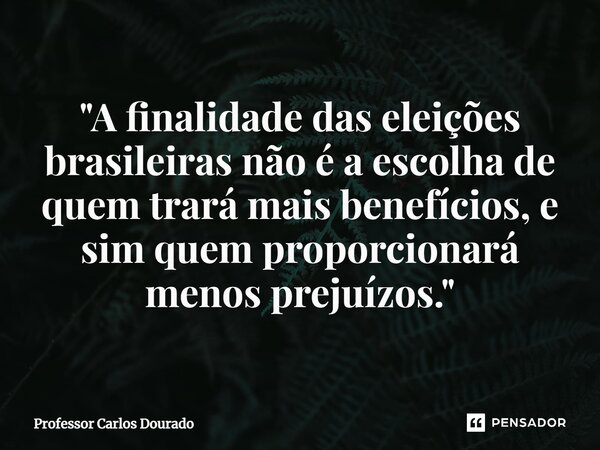 "⁠A finalidade das eleições brasileiras não é a escolha de quem trará mais benefícios, e sim quem proporcionará menos prejuízos."... Frase de Professor Carlos Dourado.