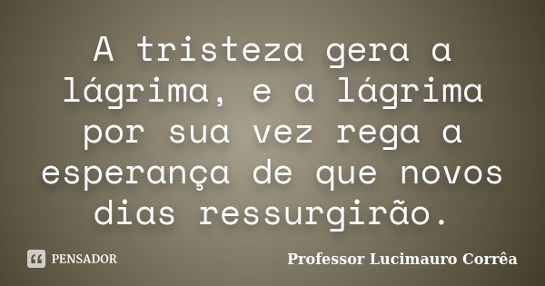 A tristeza gera a lágrima, e a lágrima por sua vez rega a esperança de que novos dias ressurgirão.... Frase de Professor Lucimauro Corrêa.